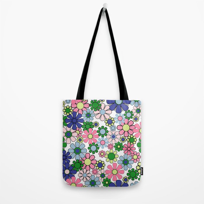 Retro Garden Flowers 60s 70s Floral Pattern Pink Blue Green White Tote Bag Gallery Image 2