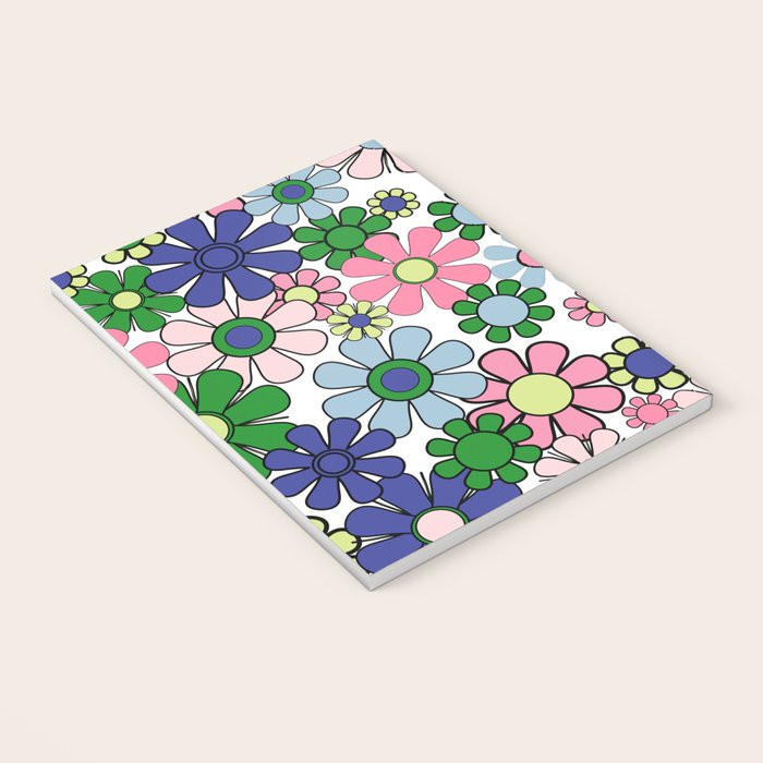 Retro Garden Flowers 60s 70s Floral Pattern Pink Blue Green White Notebook Gallery Image 3