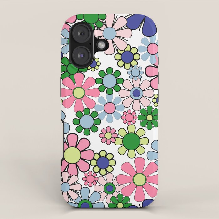 Retro Garden Flowers 60s 70s Floral Pattern Pink Blue Green White iPhone Case Gallery Image 1