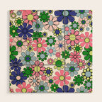 Retro Garden Flowers 60s 70s Floral Pattern Pink Blue Green White Wood Wall Art Gallery Image 1