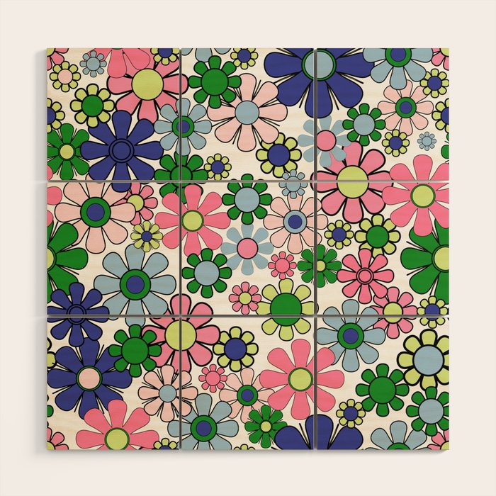 Retro Garden Flowers 60s 70s Floral Pattern Pink Blue Green White Wood Wall Art Gallery Image 1