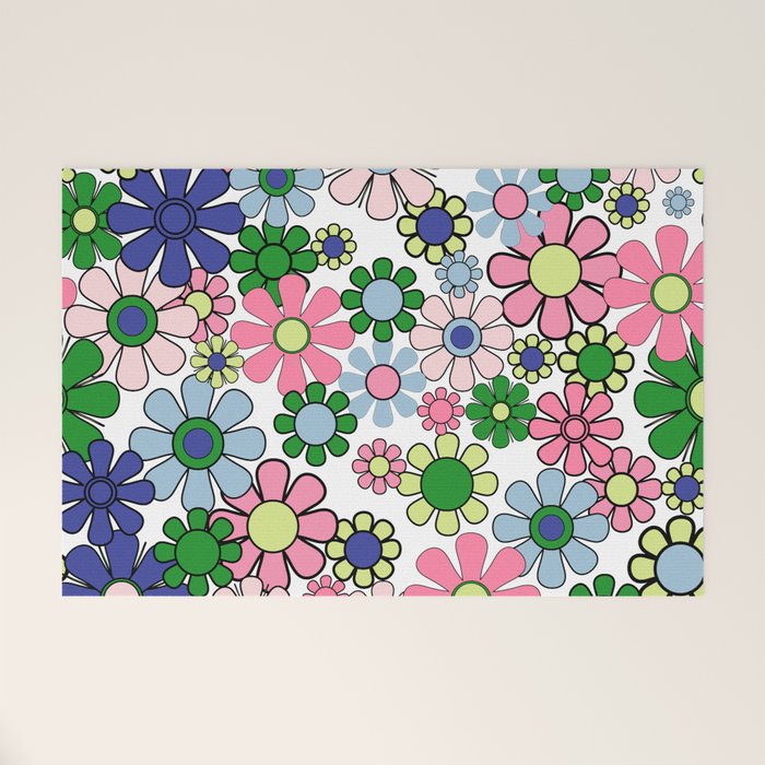 Retro Garden Flowers 60s 70s Floral Pattern Pink Blue Green White Welcome Mat Gallery Image 1