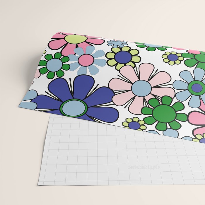 Retro Garden Flowers 60s 70s Floral Pattern Pink Blue Green White Wrapping Paper Gallery Image 2
