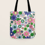 Retro Garden Flowers 60s 70s Floral Pattern Pink Blue Green White Tote Bag Gallery Image 1