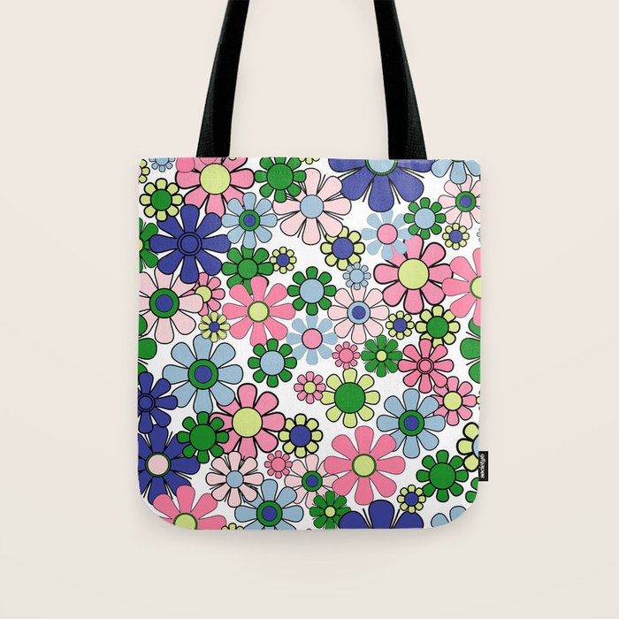 Retro Garden Flowers 60s 70s Floral Pattern Pink Blue Green White Tote Bag Gallery Image 1