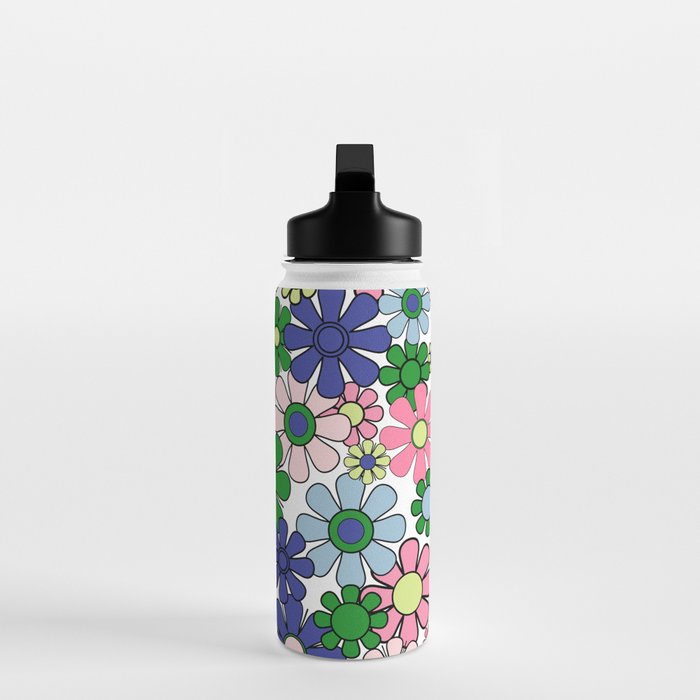 Retro Garden Flowers 60s 70s Floral Pattern Pink Blue Green White Water Bottle Gallery Image 3