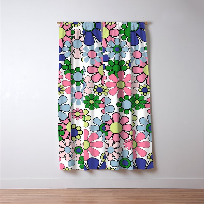 Retro Garden Flowers 60s 70s Floral Pattern Pink Blue Green White Window Curtain Gallery Image 3