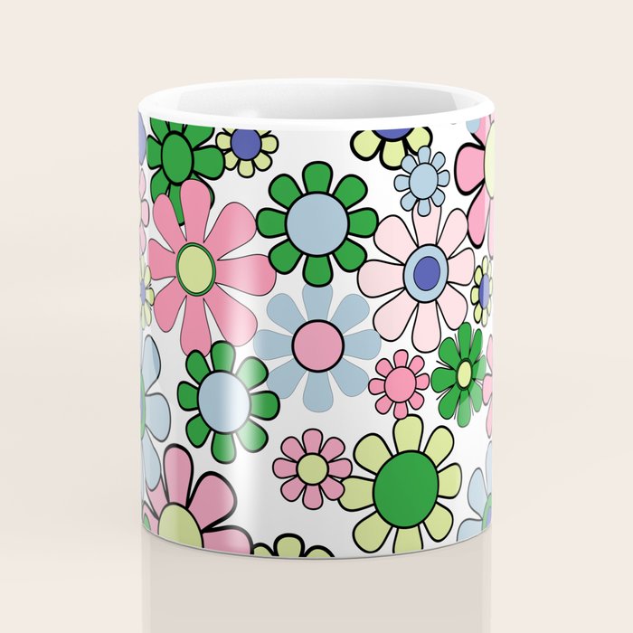 Retro Garden Flowers 60s 70s Floral Pattern Pink Blue Green White Coffee Mug Gallery Image 4