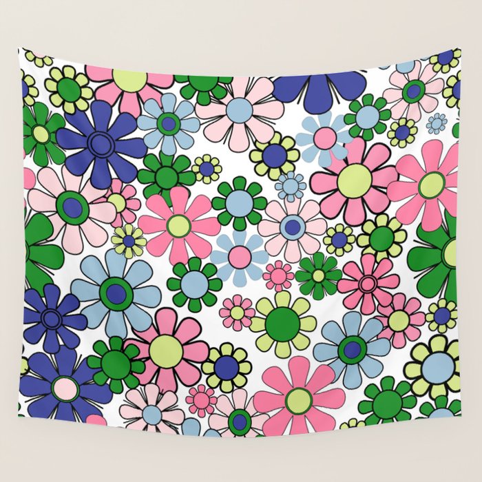 Retro Garden Flowers 60s 70s Floral Pattern Pink Blue Green White Wall Tapestry Gallery Image 4