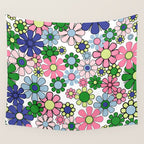 Retro Garden Flowers 60s 70s Floral Pattern Pink Blue Green White Wall Tapestry Gallery Image 4