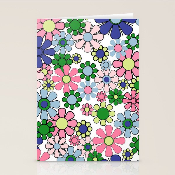 Retro Garden Flowers 60s 70s Floral Pattern Pink Blue Green White Stationery Card Gallery Image 2
