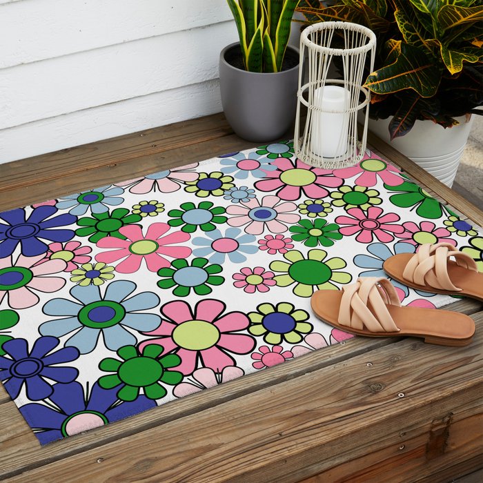 Retro Garden Flowers 60s 70s Floral Pattern Pink Blue Green White Outdoor Rug Gallery Image 2