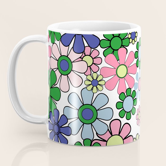 Retro Garden Flowers 60s 70s Floral Pattern Pink Blue Green White Coffee Mug Gallery Image 3