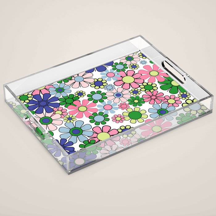 Retro Garden Flowers 60s 70s Floral Pattern Pink Blue Green White Acrylic Tray Gallery Image 1