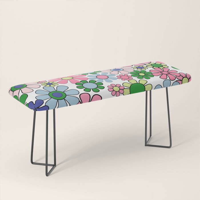 Retro Garden Flowers 60s 70s Floral Pattern Pink Blue Green White Bench Gallery Image 1