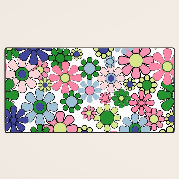 Retro Garden Flowers 60s 70s Floral Pattern Pink Blue Green White Desk Mat Gallery Image 3