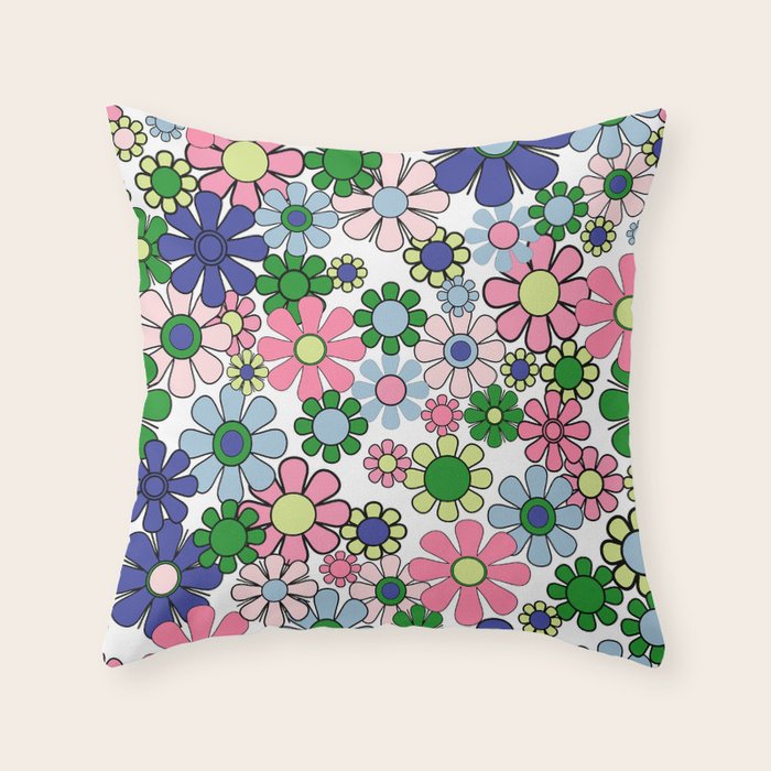 Retro Garden Flowers 60s 70s Floral Pattern Pink Blue Green White Throw Pillow Gallery Image 6