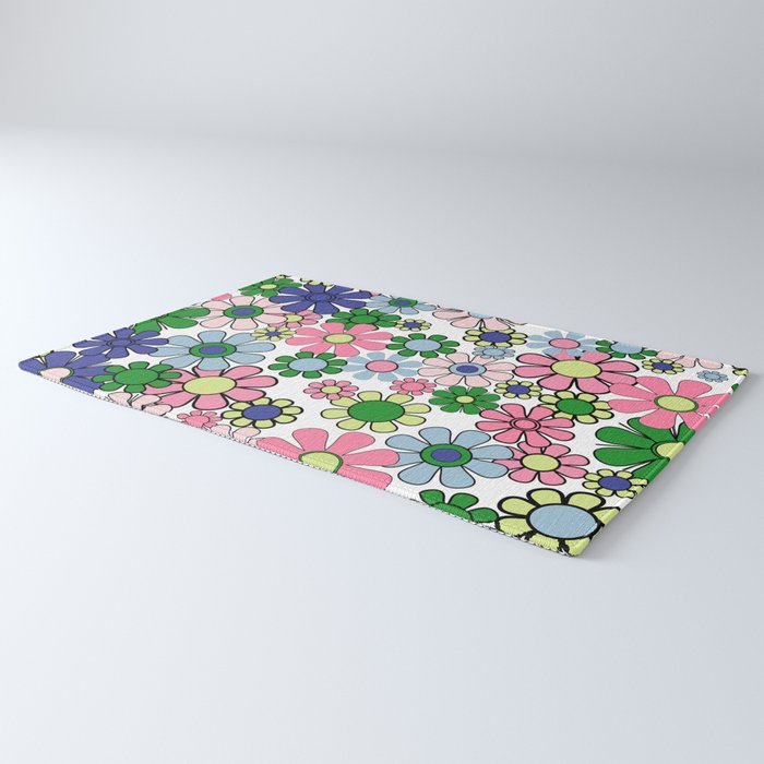 Retro Garden Flowers 60s 70s Floral Pattern Pink Blue Green White Rug Gallery Image 3
