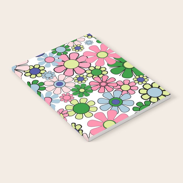 Retro Garden Flowers 60s 70s Floral Pattern Pink Blue Green White Notebook Gallery Image 2