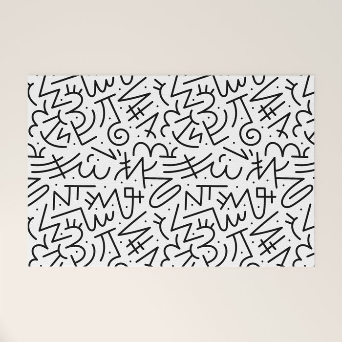 Abstract black and white line doodle pattern Welcome Mat Gallery Image 1