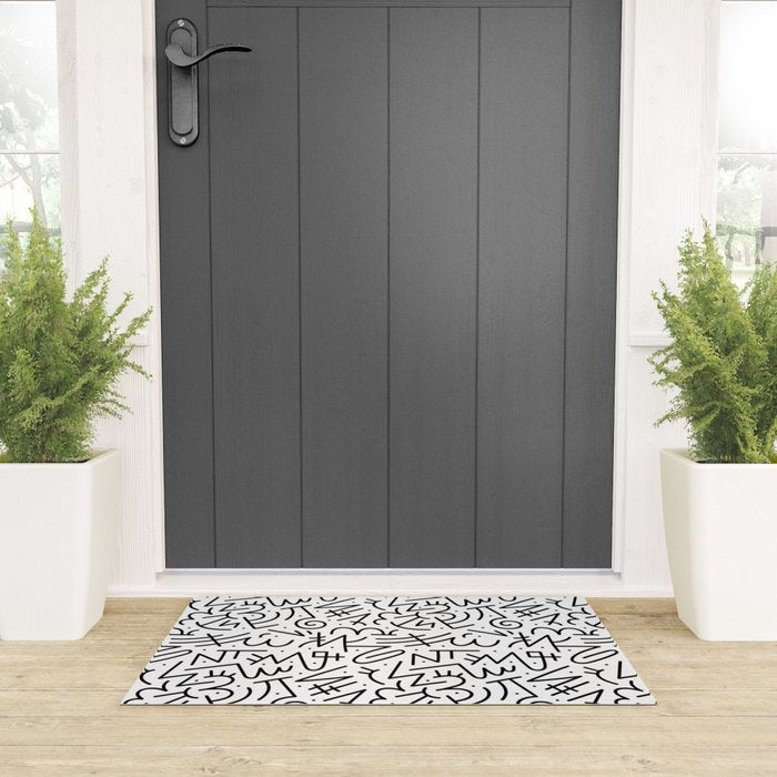 Abstract black and white line doodle pattern Welcome Mat Gallery Image 3