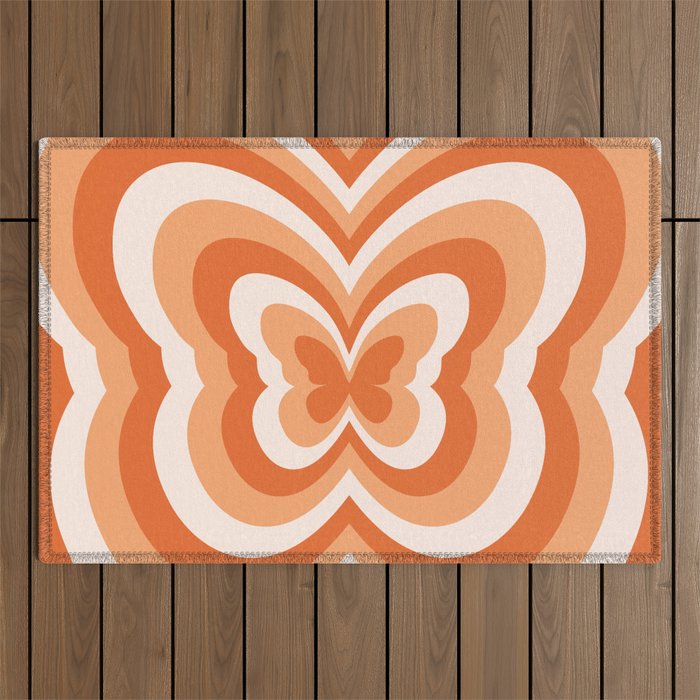 Retro 70s Butterfly in Sunset Orange Outdoor Rug Gallery Image 1