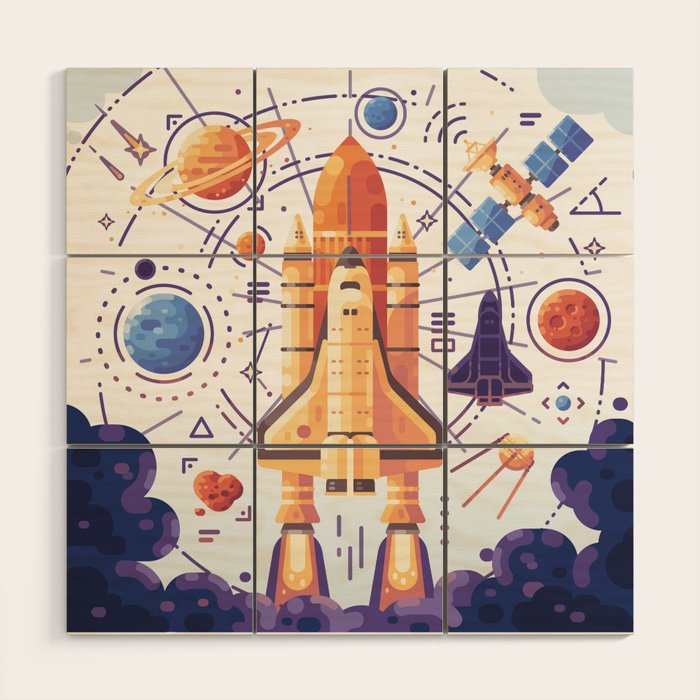 Space Rocket with Planets Wood Wall Art Gallery Image 1