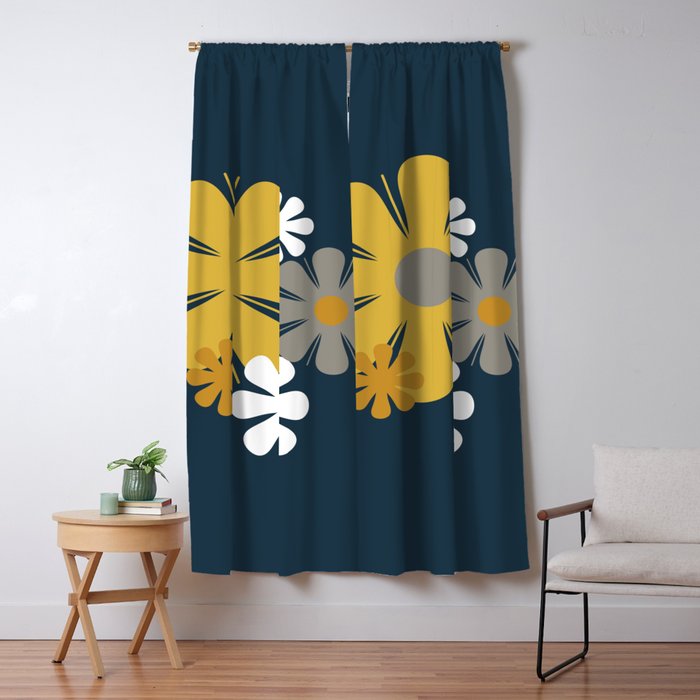 Flower Locus Retro Minimalist Floral Pattern Navy Blue Mustard Yellow Gray White  Window Curtain Gallery Image 5