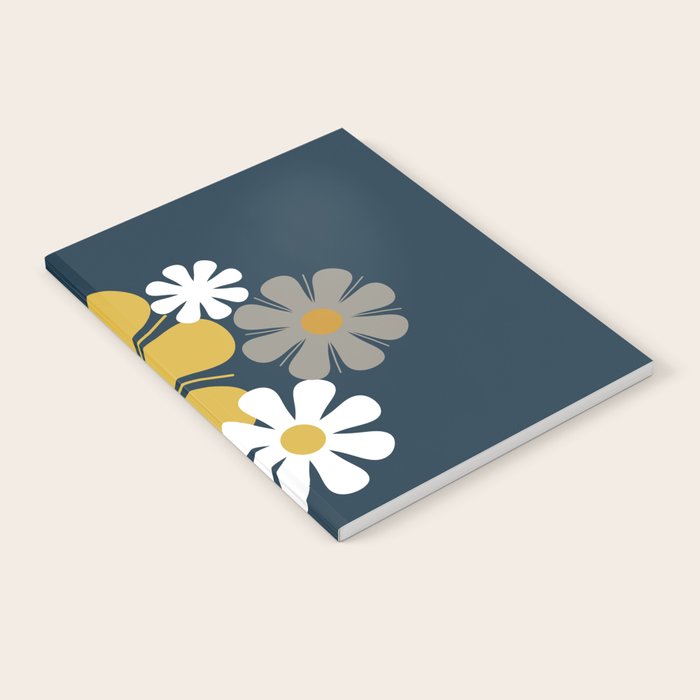 Flower Locus Retro Minimalist Floral Pattern Navy Blue Mustard Yellow Gray White  Notebook Gallery Image 2