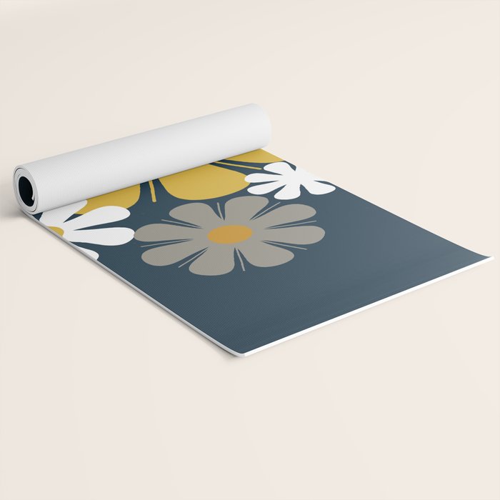 Flower Locus Retro Minimalist Floral Pattern Navy Blue Mustard Yellow Gray White  Yoga Mat Gallery Image 2
