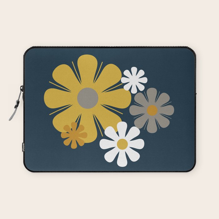 Flower Locus Retro Minimalist Floral Pattern Navy Blue Mustard Yellow Gray White  Laptop Sleeve Gallery Image 1