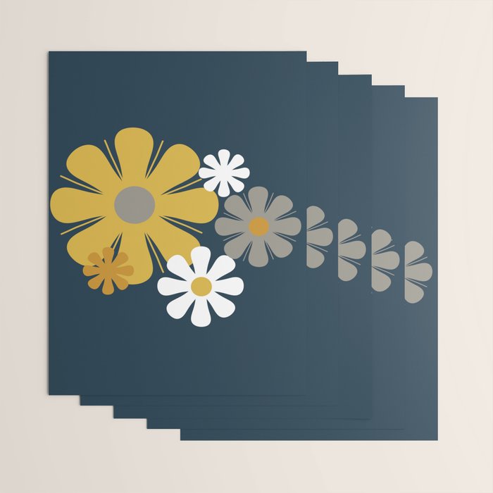 Flower Locus Retro Minimalist Floral Pattern Navy Blue Mustard Yellow Gray White  Wrapping Paper Gallery Image 3