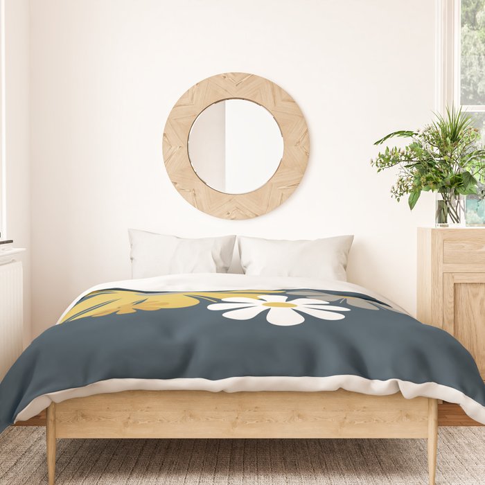 Flower Locus Retro Minimalist Floral Pattern Navy Blue Mustard Yellow Gray White  Duvet Cover Gallery Image 3
