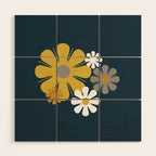 Flower Locus Retro Minimalist Floral Pattern Navy Blue Mustard Yellow Gray White  Wood Wall Art Gallery Image 1