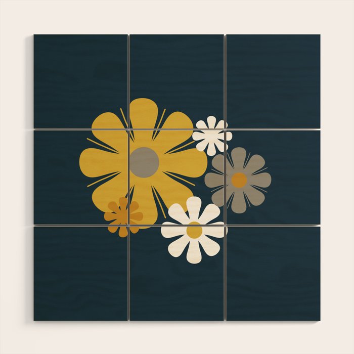Flower Locus Retro Minimalist Floral Pattern Navy Blue Mustard Yellow Gray White  Wood Wall Art Gallery Image 1