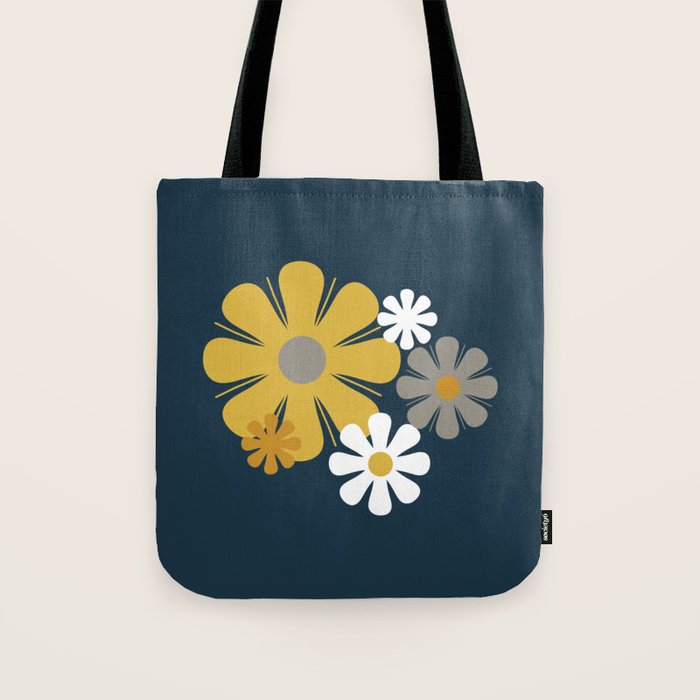 Flower Locus Retro Minimalist Floral Pattern Navy Blue Mustard Yellow Gray White  Tote Bag Gallery Image 1