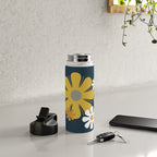 Flower Locus Retro Minimalist Floral Pattern Navy Blue Mustard Yellow Gray White  Water Bottle Gallery Image 4