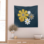 Flower Locus Retro Minimalist Floral Pattern Navy Blue Mustard Yellow Gray White  Wall Tapestry Gallery Image 2