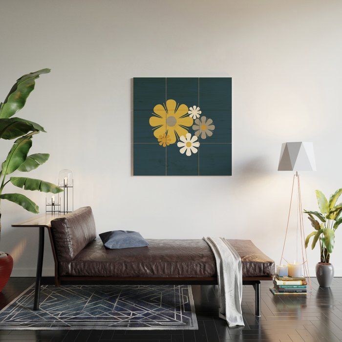 Flower Locus Retro Minimalist Floral Pattern Navy Blue Mustard Yellow Gray White  Wood Wall Art Gallery Image 2