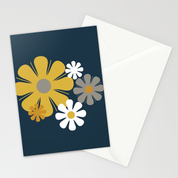Flower Locus Retro Minimalist Floral Pattern Navy Blue Mustard Yellow Gray White  Stationery Card Gallery Image 2