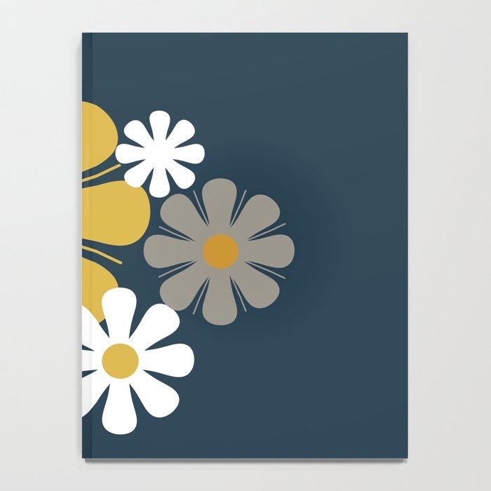 Flower Locus Retro Minimalist Floral Pattern Navy Blue Mustard Yellow Gray White  Notebook Gallery Image 4