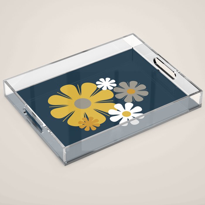 Flower Locus Retro Minimalist Floral Pattern Navy Blue Mustard Yellow Gray White  Acrylic Tray Gallery Image 1