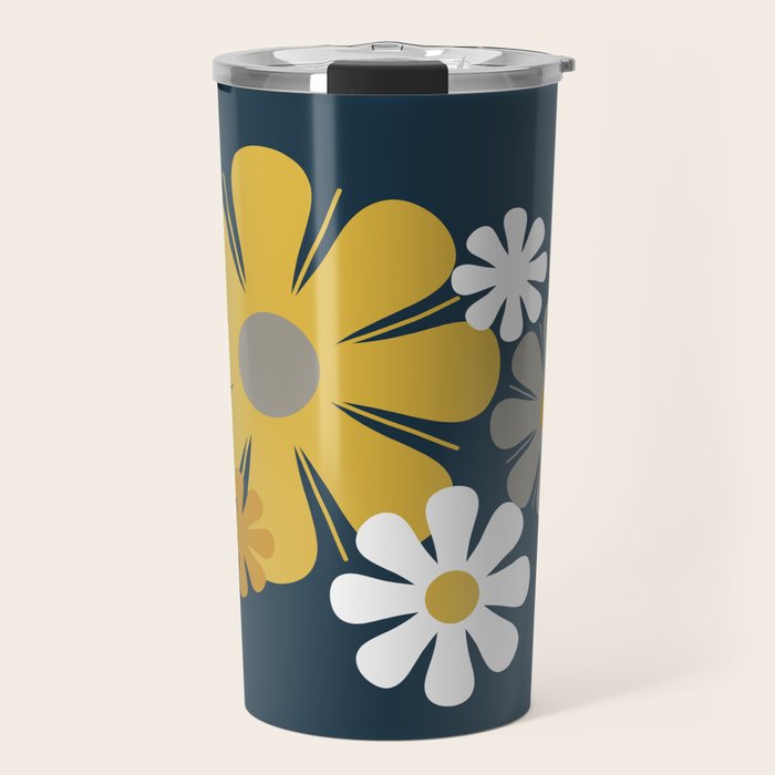 Flower Locus Retro Minimalist Floral Pattern Navy Blue Mustard Yellow Gray White  Travel Mug Gallery Image 1