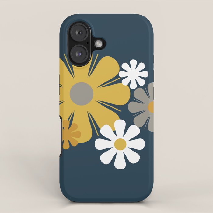 Flower Locus Retro Minimalist Floral Pattern Navy Blue Mustard Yellow Gray White  iPhone Case Gallery Image 1