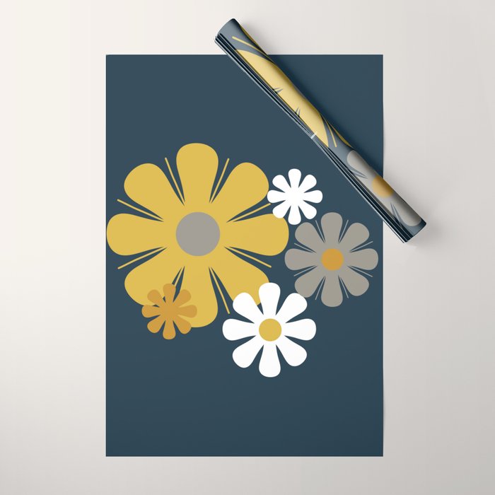 Flower Locus Retro Minimalist Floral Pattern Navy Blue Mustard Yellow Gray White  Wrapping Paper Gallery Image 1