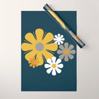 Flower Locus Retro Minimalist Floral Pattern Navy Blue Mustard Yellow Gray White  Wrapping Paper Gallery Image 1