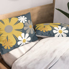 Flower Locus Retro Minimalist Floral Pattern Navy Blue Mustard Yellow Gray White  Pillow Sham Gallery Image 2