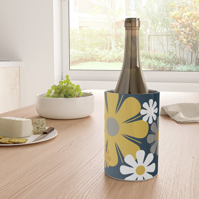 Flower Locus Retro Minimalist Floral Pattern Navy Blue Mustard Yellow Gray White  Wine Chiller Gallery Image 4
