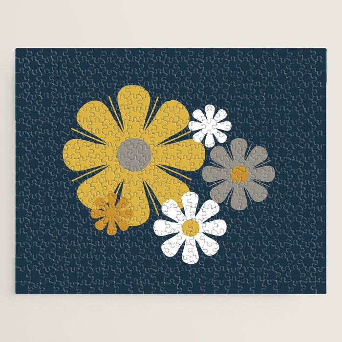 Flower Locus Retro Minimalist Floral Pattern Navy Blue Mustard Yellow Gray White  Jigsaw Puzzle Gallery Image 1