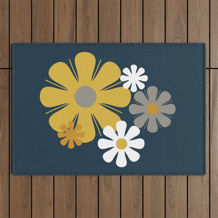 Flower Locus Retro Minimalist Floral Pattern Navy Blue Mustard Yellow Gray White  Outdoor Rug Gallery Image 1
